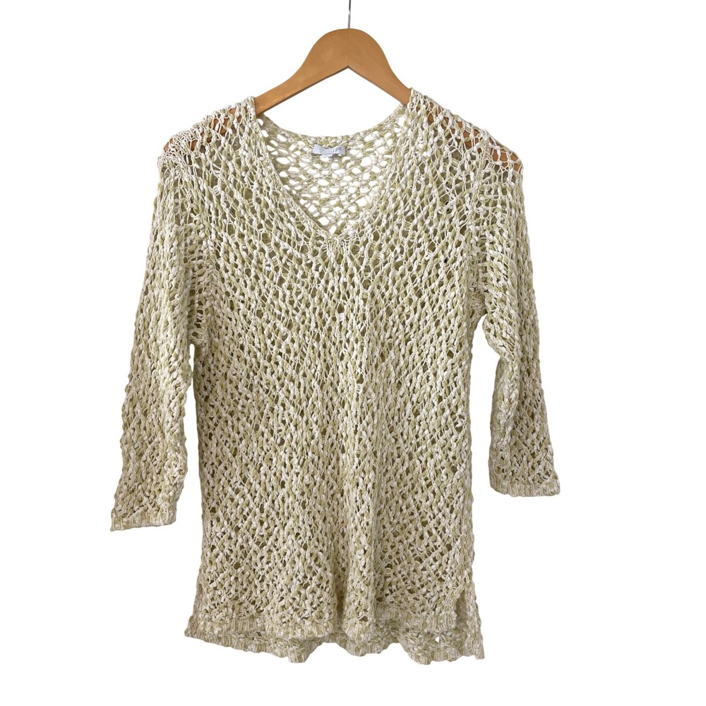 J. Jill Crochet Knit Top Cream Green V Neck 3/4 Sleeve Lightweight Sweater Med